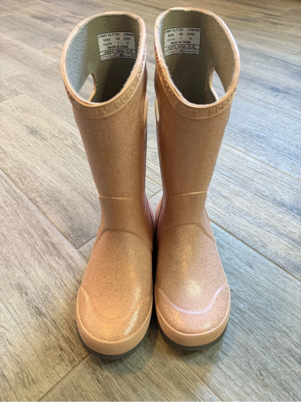 BOGS Glitter Rose Gold Rubber Waterproof Rain Boots Youth Size 1